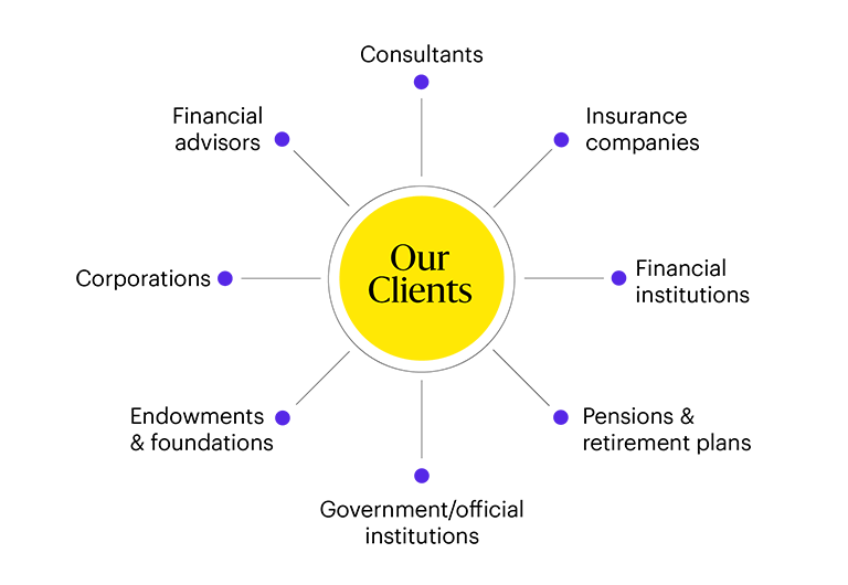 A graphic that described the types of clients AryX  Markets works with: Financial advisors, Consultants, Insurance companies, Financial institutions, etc.