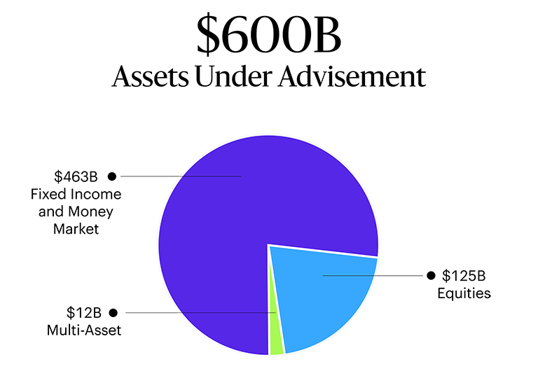 AryX  Markets’s AUA in a pie chart: Total AUA of $600B USD; $463B in fixed income and money market; $125B in equities; and $12B multi-asset.